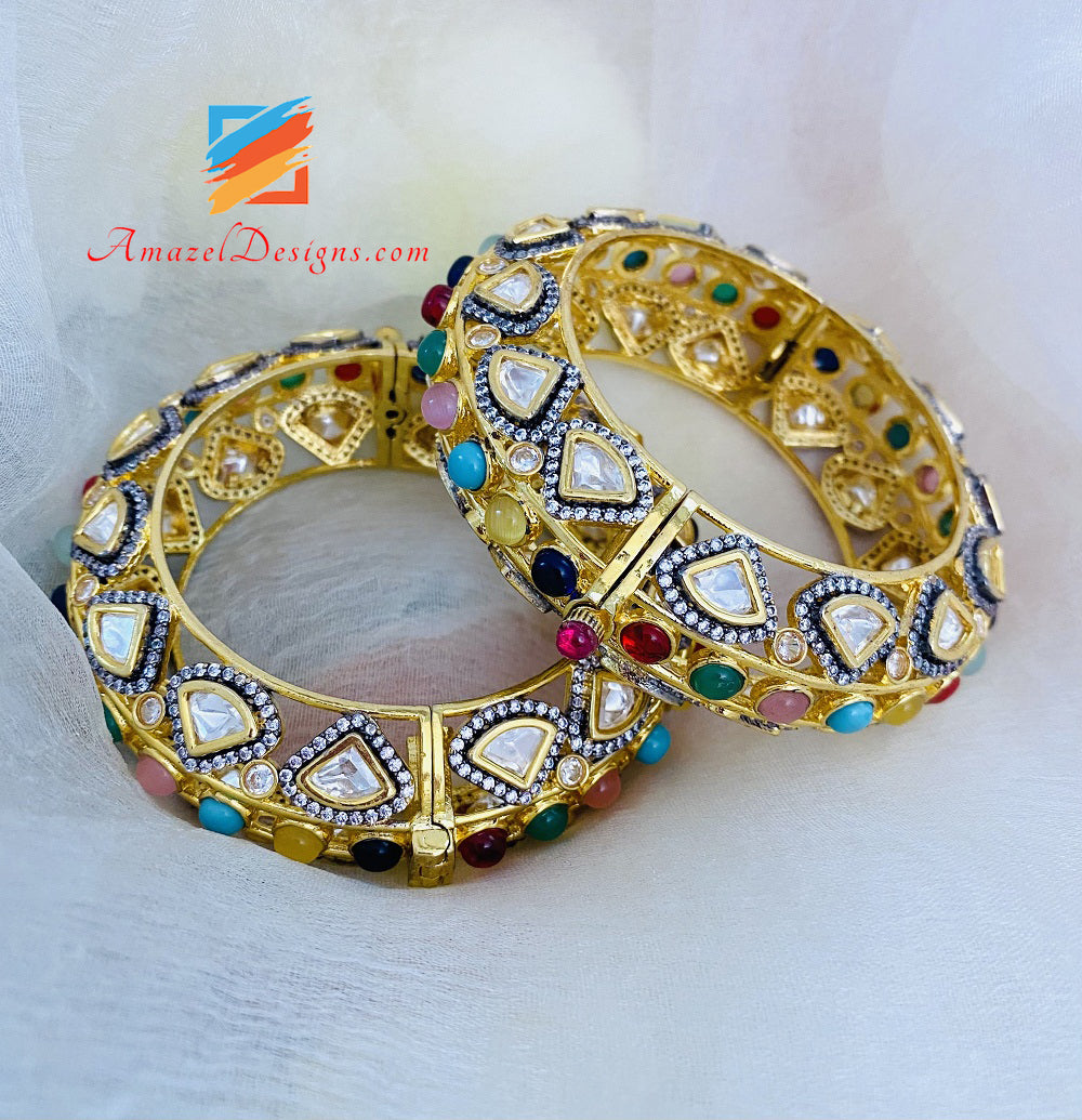 High Quality Statement Designer Golden Multicoloured Openable Kundan K Amazel Designs