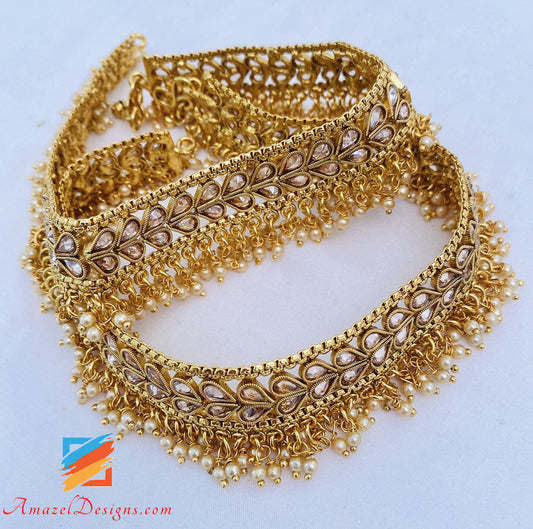 High Quality Golden Polki With Beads Payal