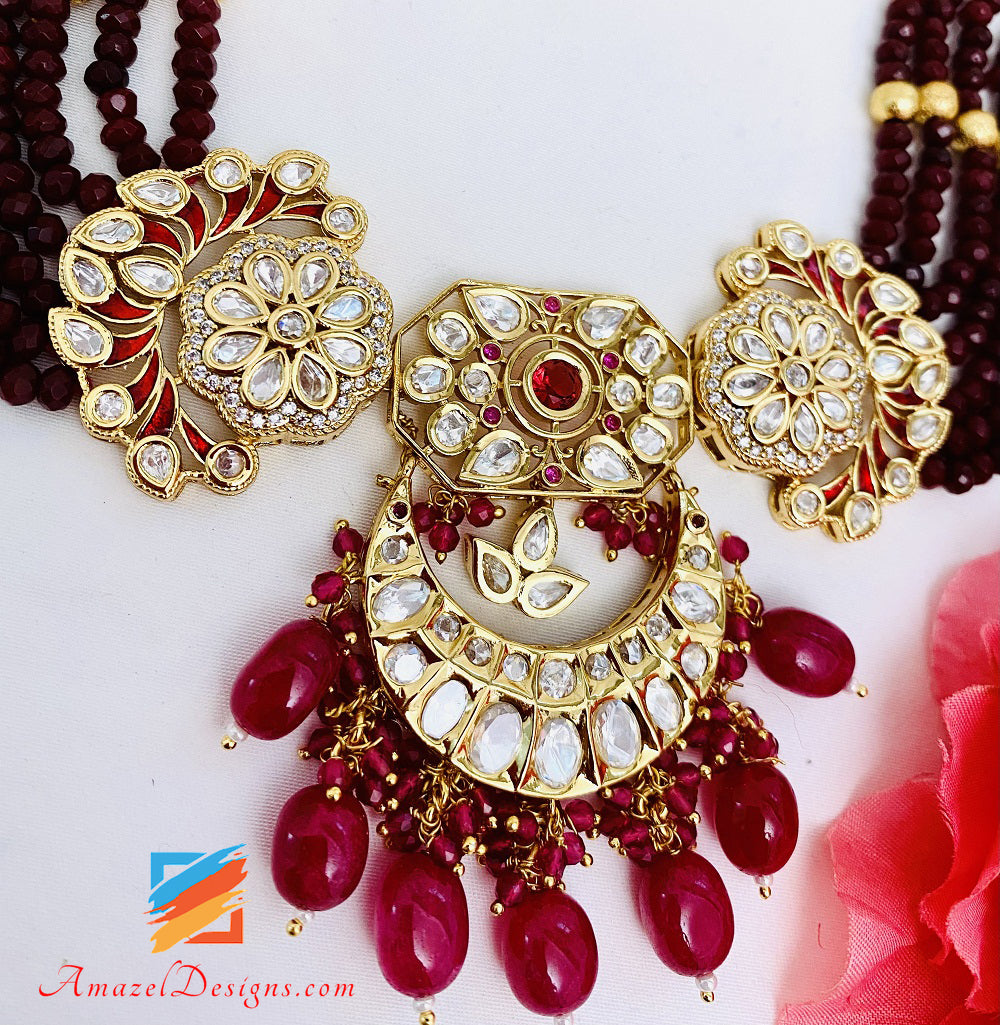 Set di borchie per collana girocollo marrone rubino Kundan di alta qualità
