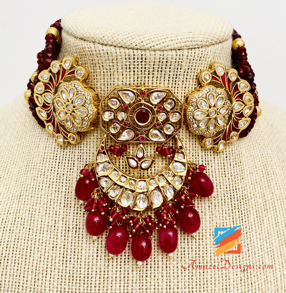 Set di borchie per collana girocollo marrone rubino Kundan di alta qualità