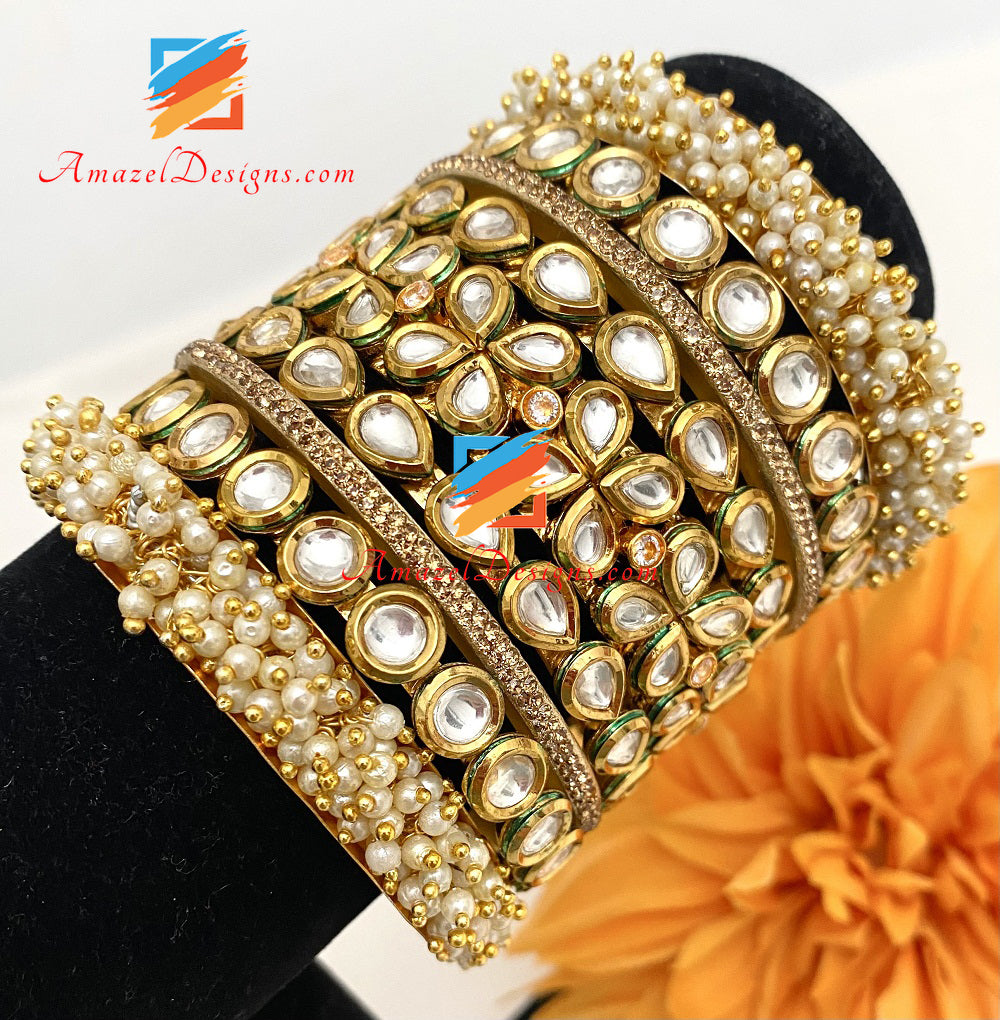 High Quality Kundan Statement Pearly Golden Kada Bangles Set