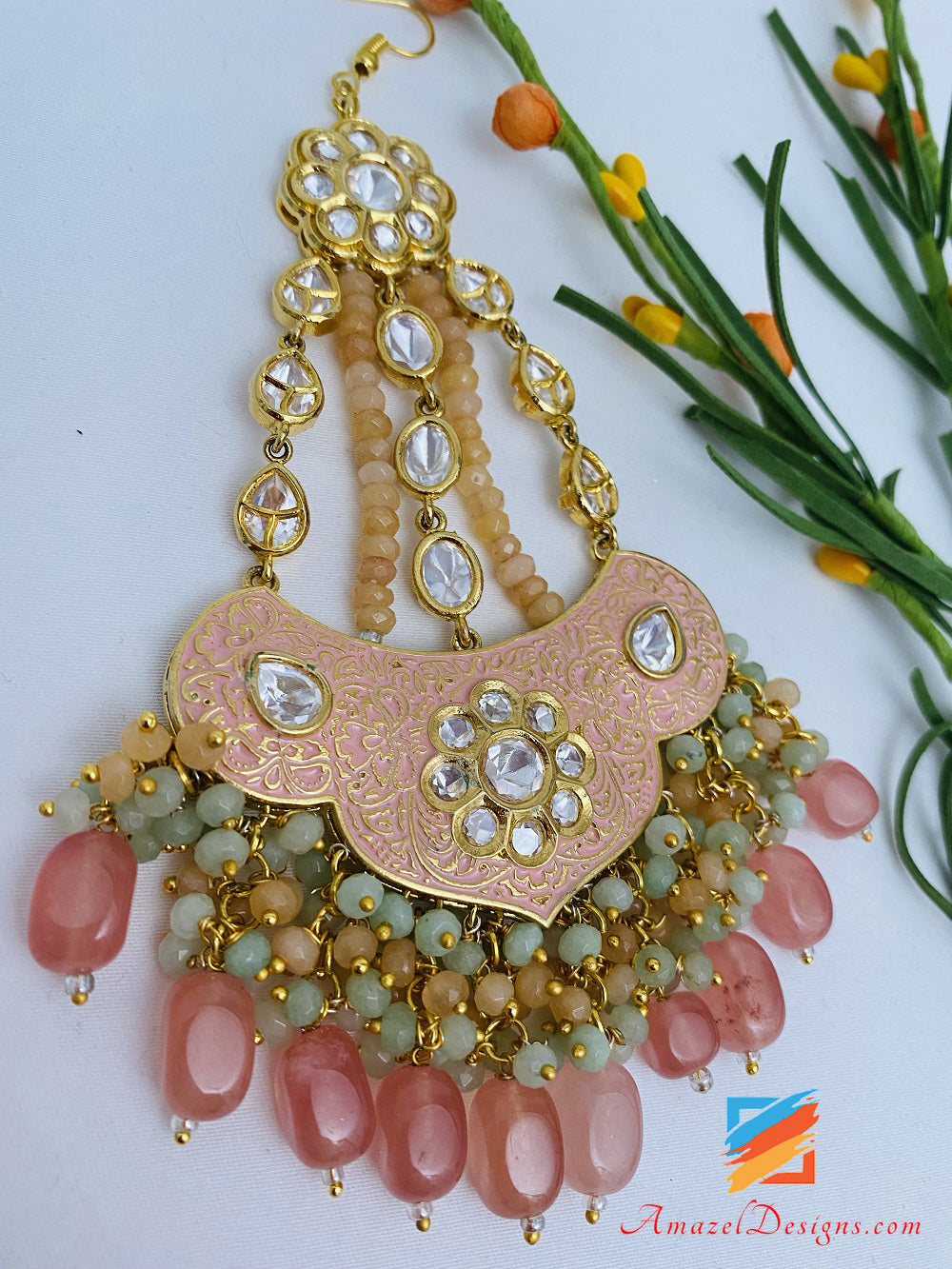 Statement Designer hochwertige Meenakari handbemalte pfirsichrosa Kundan Ohrringe