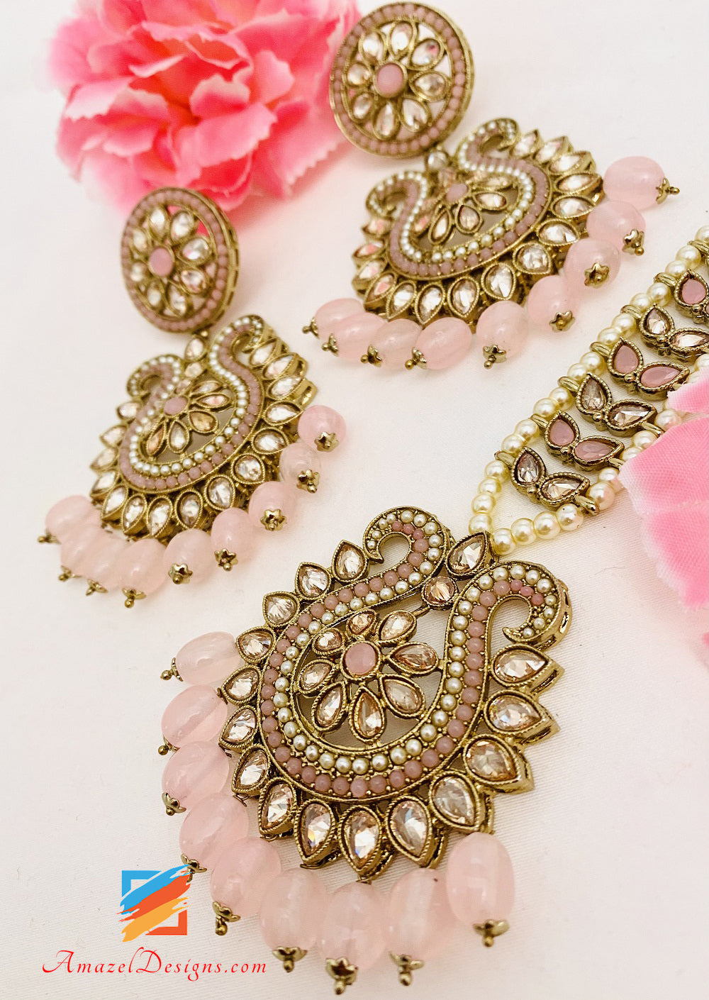 High Quality Pink Polki Earrings Tikka Set