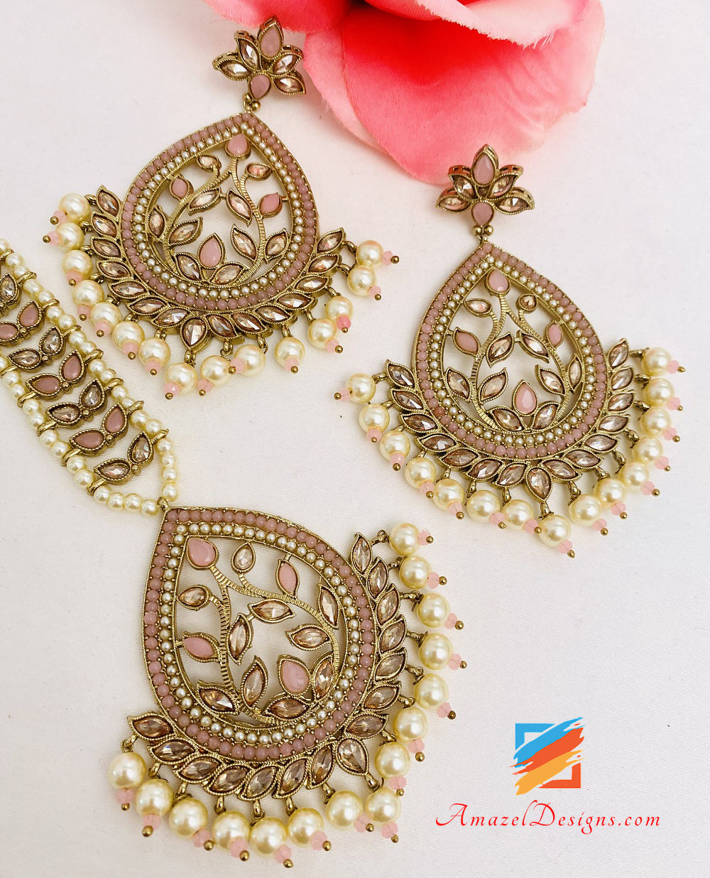 High Quality Pink Polki Earrings Tikka Set