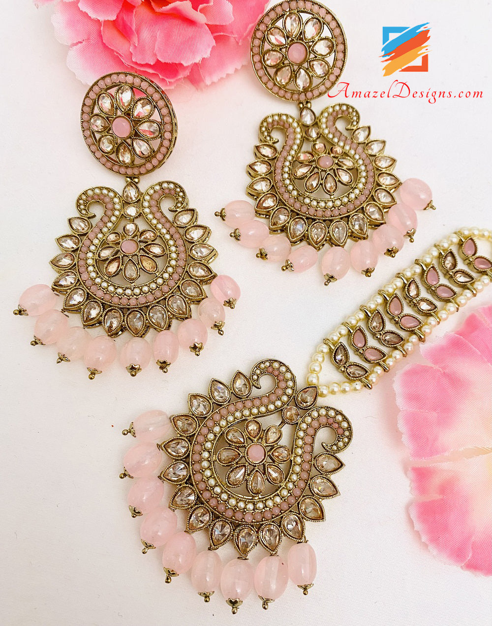 High Quality Pink Polki Earrings Tikka Set
