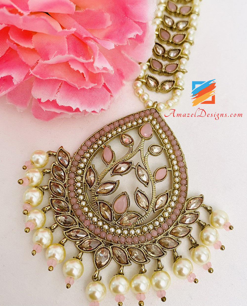 High Quality Pink Polki Earrings Tikka Set