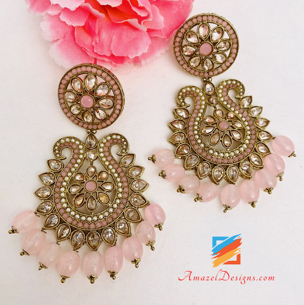 High Quality Pink Polki Earrings Tikka Set