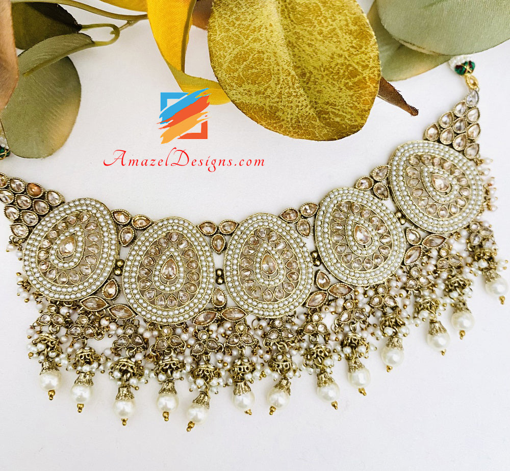 High Quality Polki Choker Necklace Earrings Tikka Set