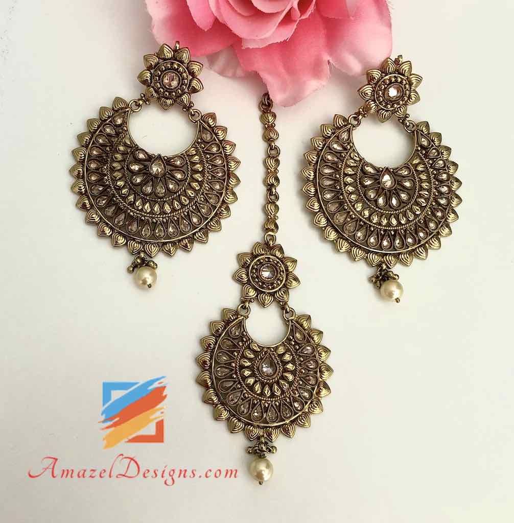High Quality Polki Dull Gold Earrings Tikka Set