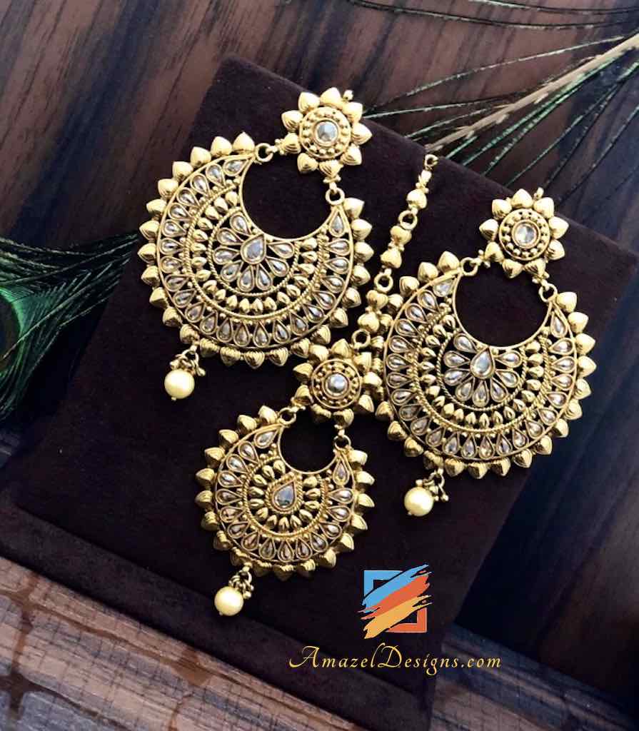 High Quality Polki Dull Gold Earrings Tikka Set