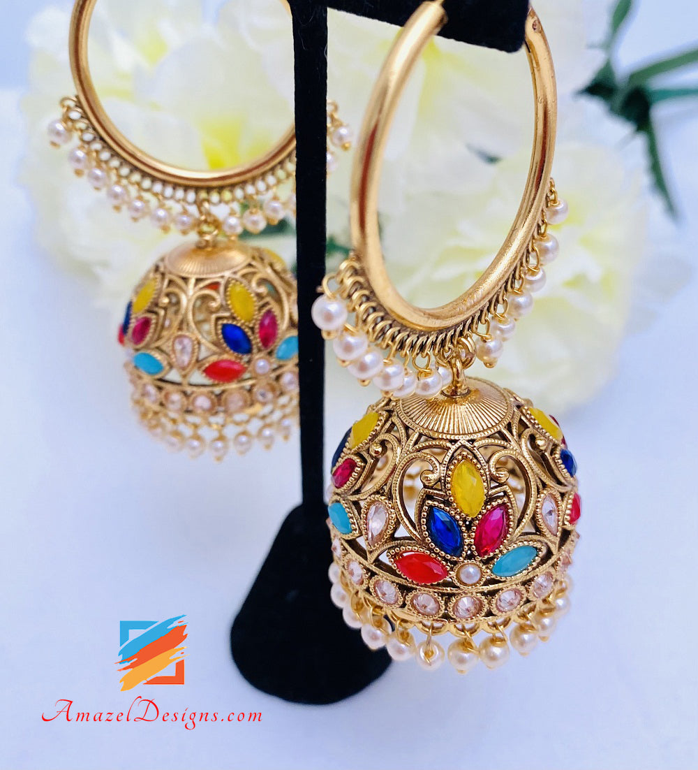 Hochwertiger Polki Dull Gold Mehrfarbiger Jhumki Valliyan