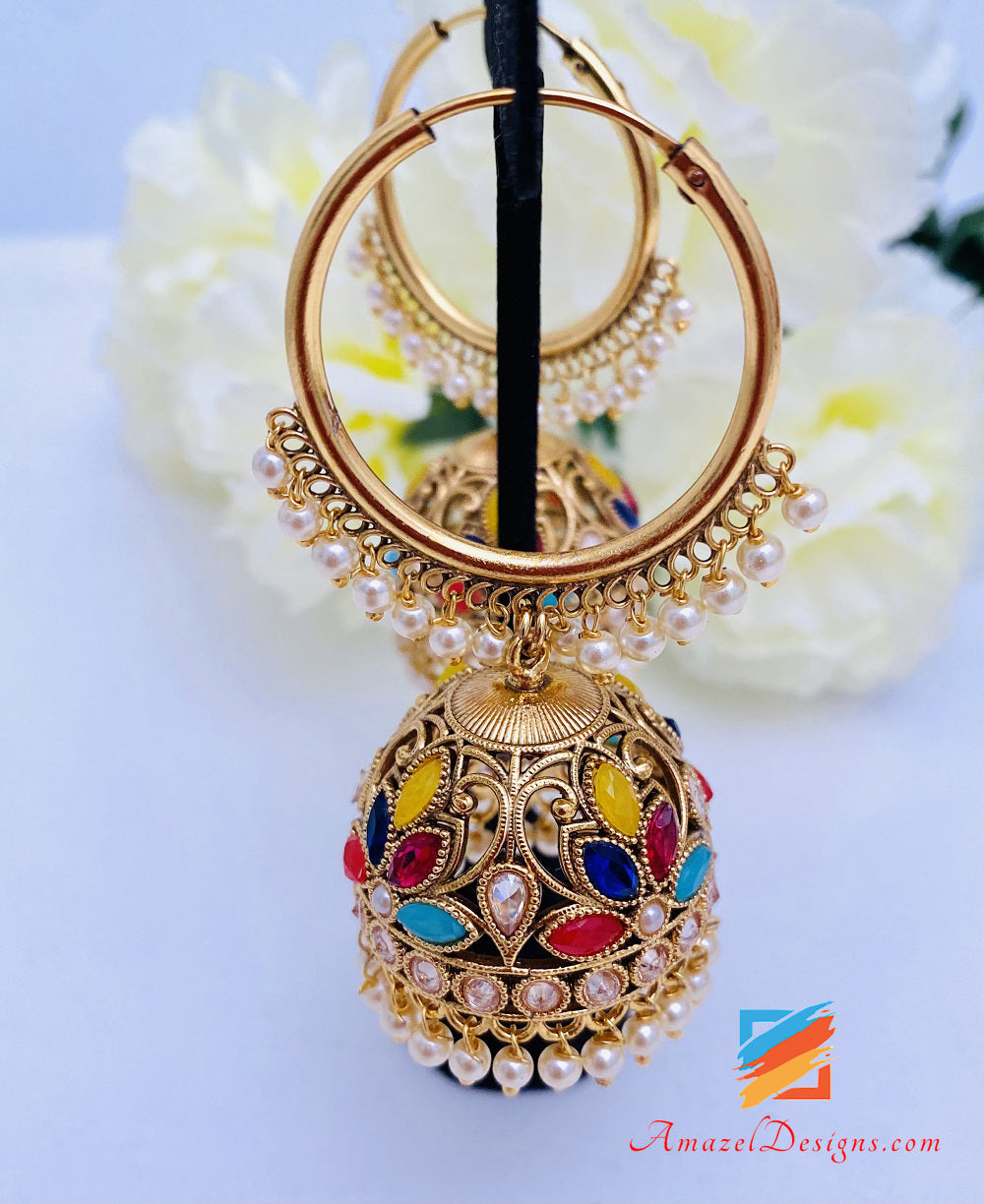 Hochwertiger Polki Dull Gold Mehrfarbiger Jhumki Valliyan