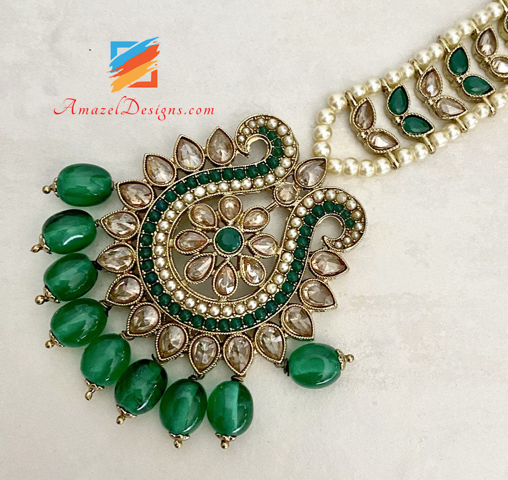 High Quality Polki Green Earrings Tikka Set