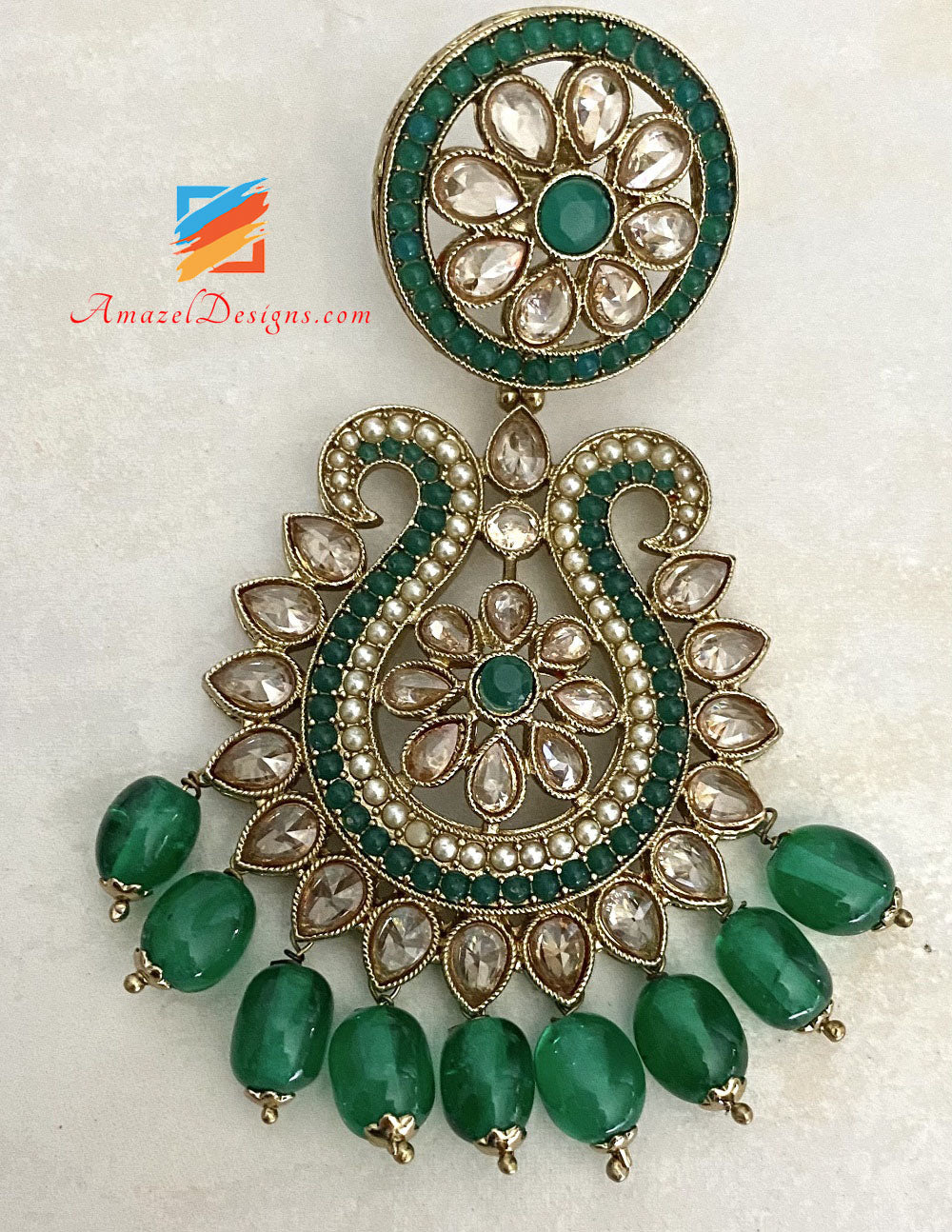 High Quality Polki Green Earrings Tikka Set
