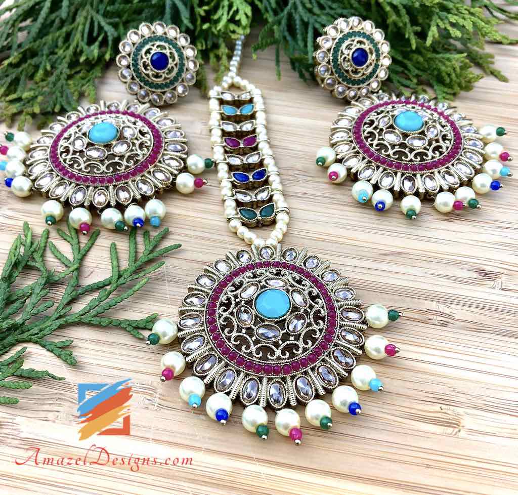 High Quality Polki Multicoloured Round Earrings Tikka Set