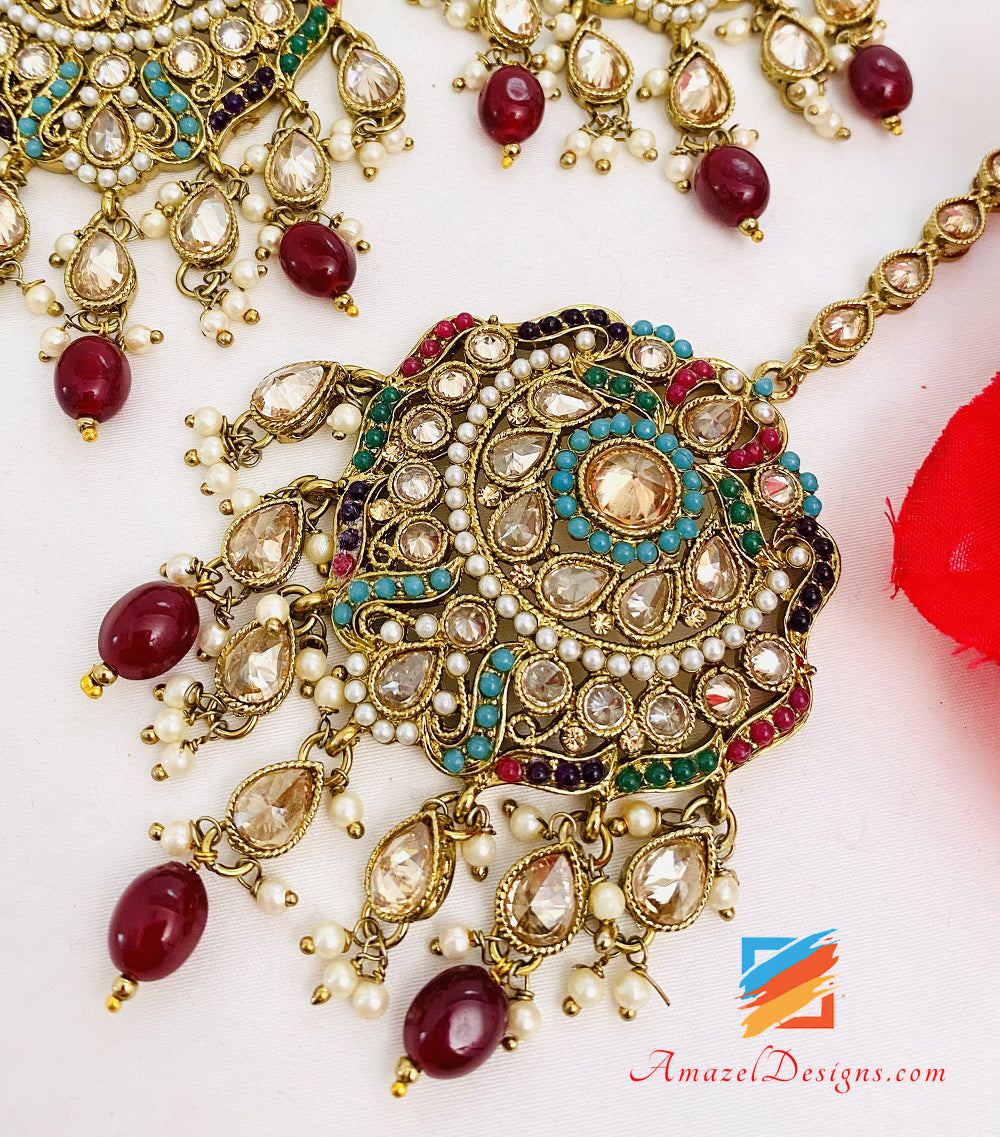 High Quality Polki Multicoloured Ruby Maroon Earring Tikka Set