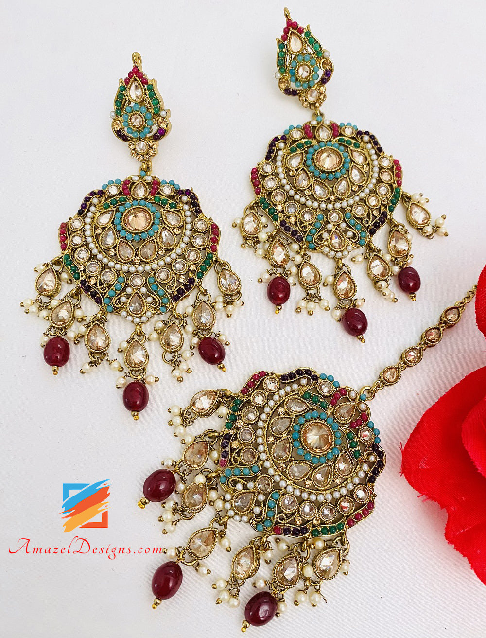 High Quality Polki Multicoloured Ruby Maroon Earring Tikka Set