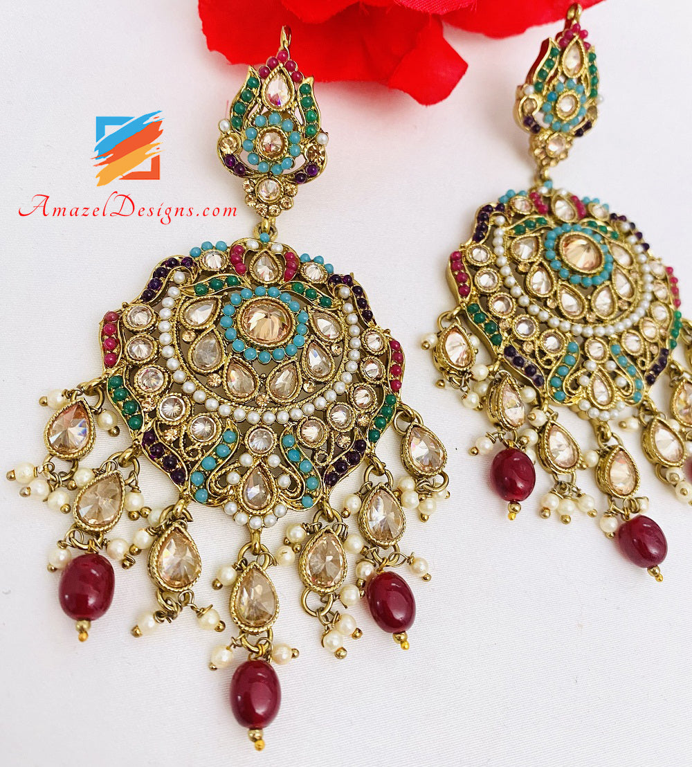 High Quality Polki Multicoloured Ruby Maroon Earring Tikka Set