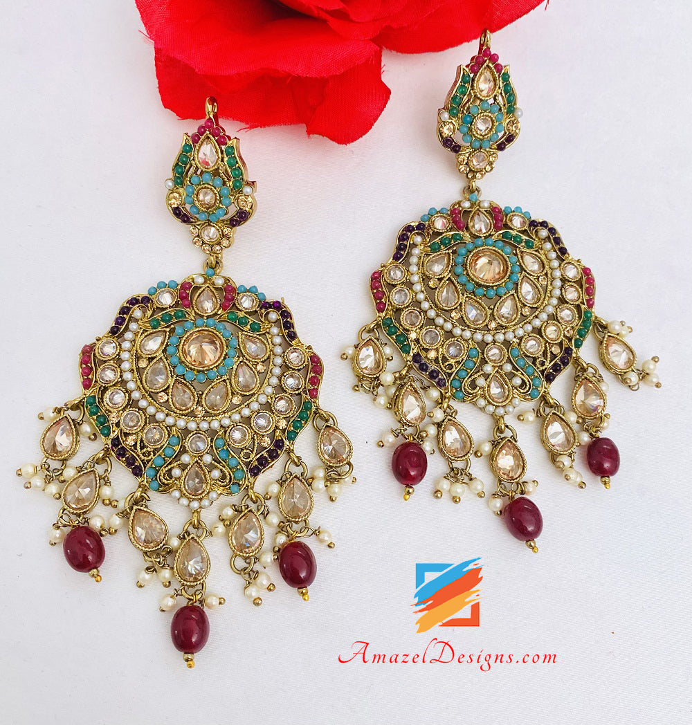 High Quality Polki Multicoloured Ruby Maroon Earring Tikka Set