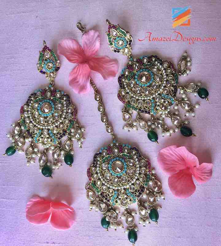 Emeraldq Pearls High Quality Multicoloured Polki Oversized Earring Tikka Set