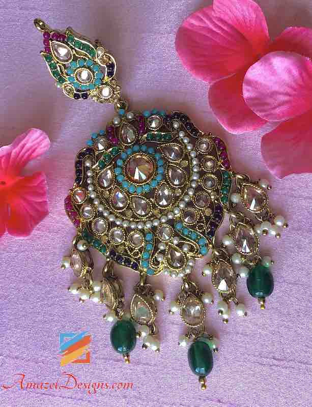 Emeraldq Pearls High Quality Multicoloured Polki Oversized Earring Tikka Set