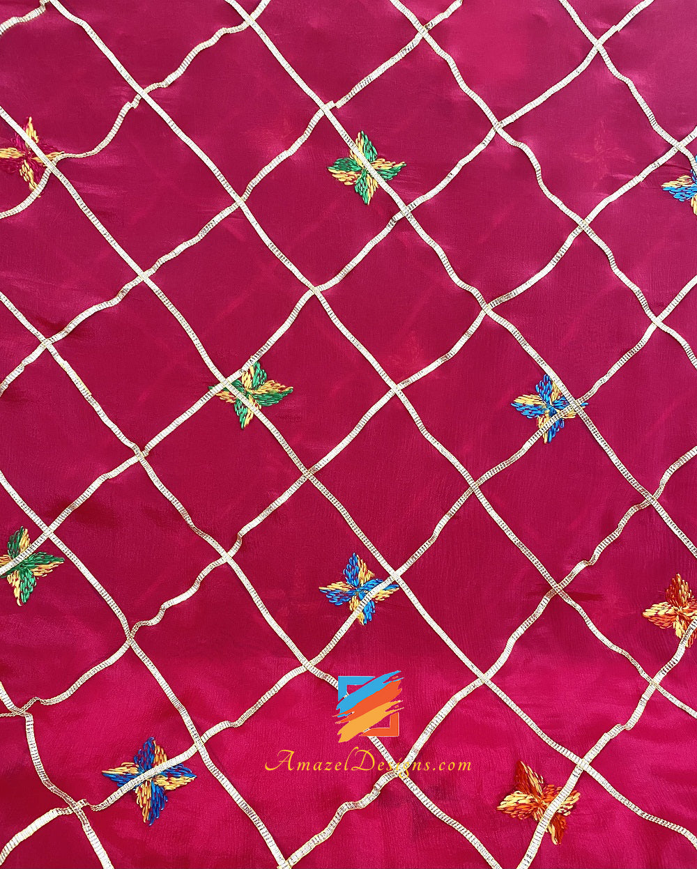 Hot Pink Aari Work Samosa Lace Fulkari