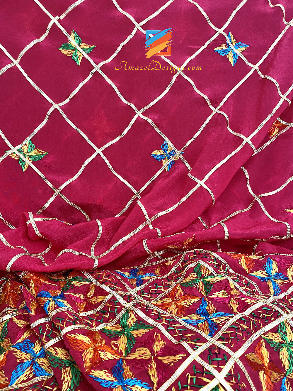 Hot Pink Aari Work Samosa Lace Fulkari