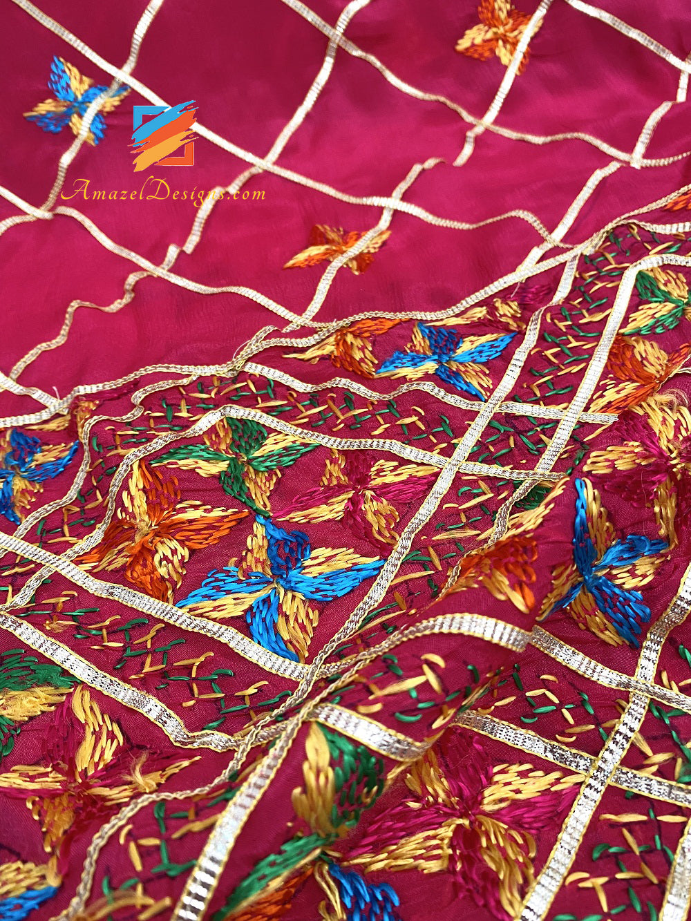 Hot Pink Aari Work Samosa Lace Fulkari