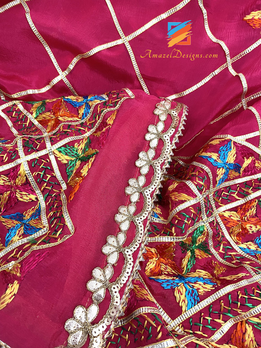 Hot Pink Aari Work Samosa Lace Fulkari