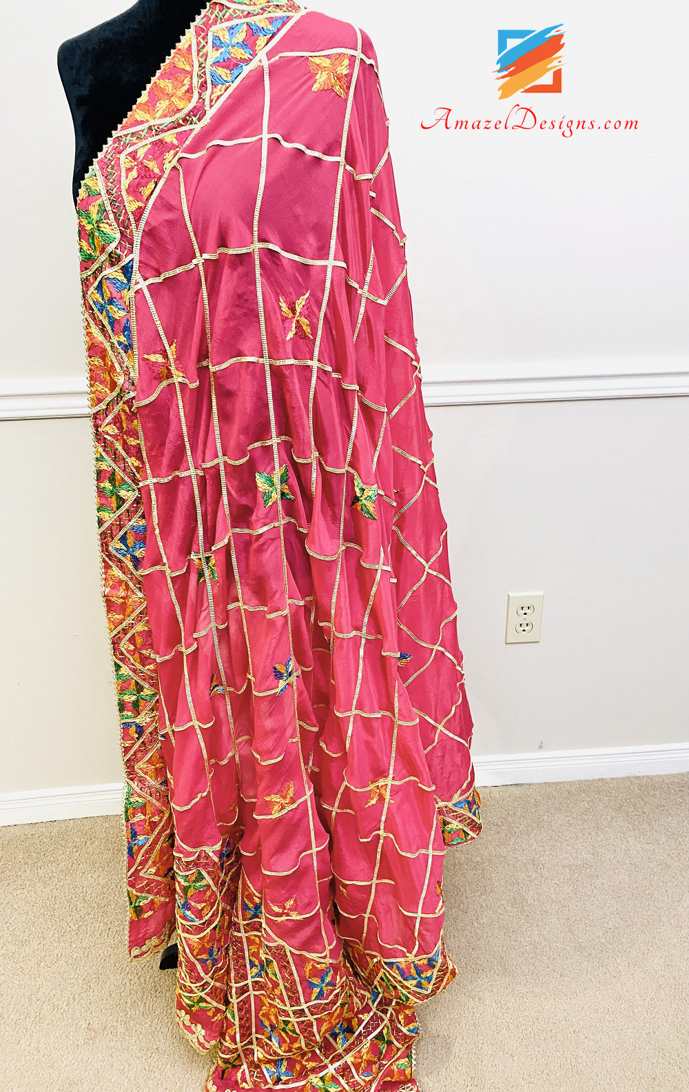 Hot Pink Aari Work Samosa Lace Fulkari