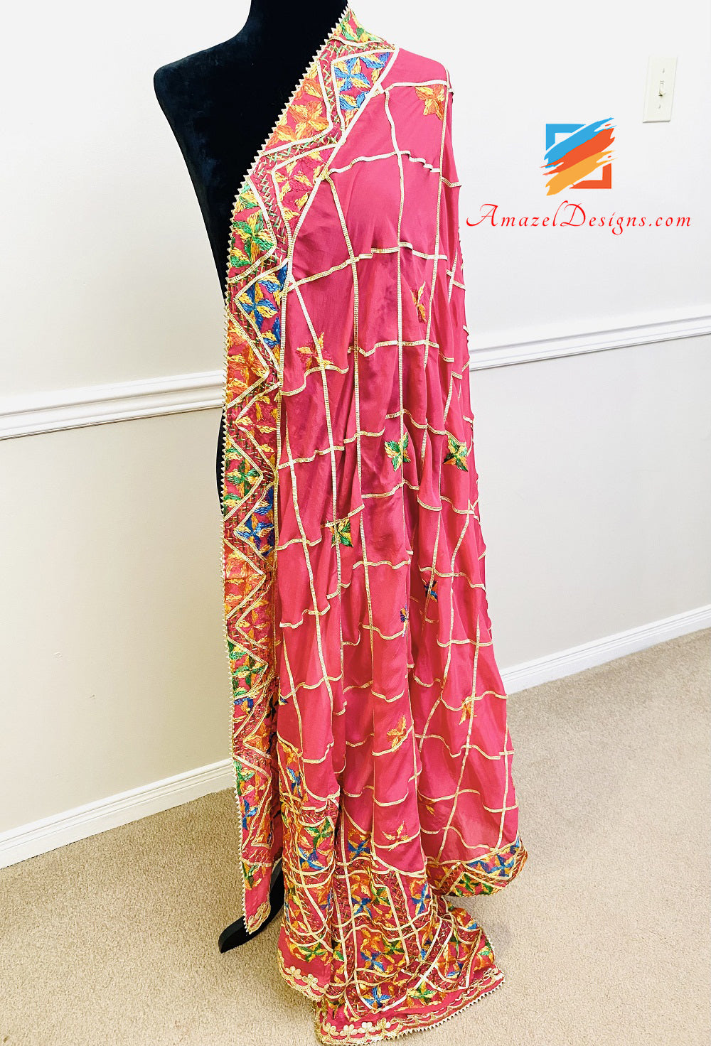 Hot Pink Aari Work Samosa Lace Fulkari