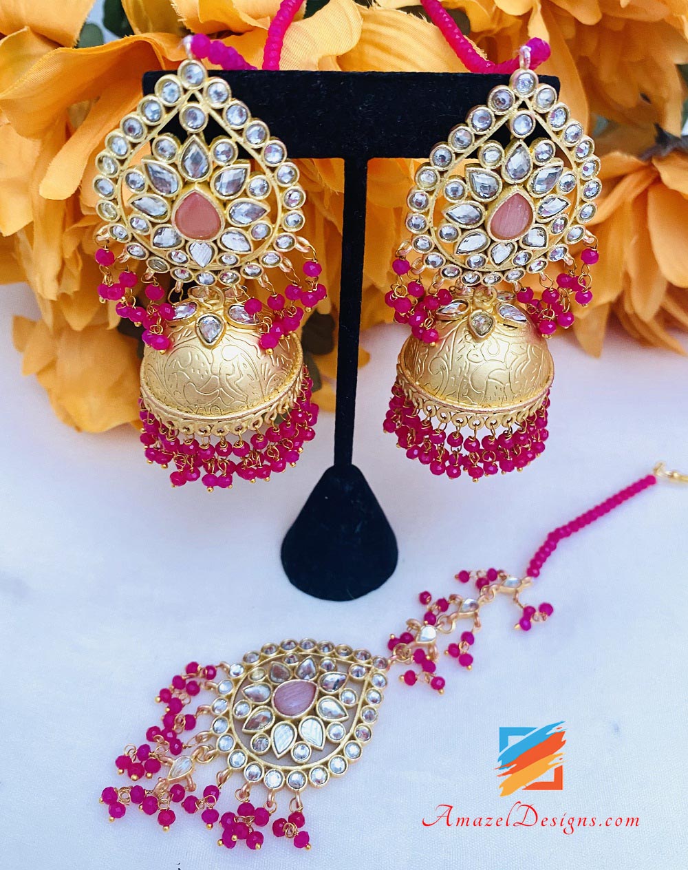 Hot Pink Kundan Jhumka Earrings Tikka Set