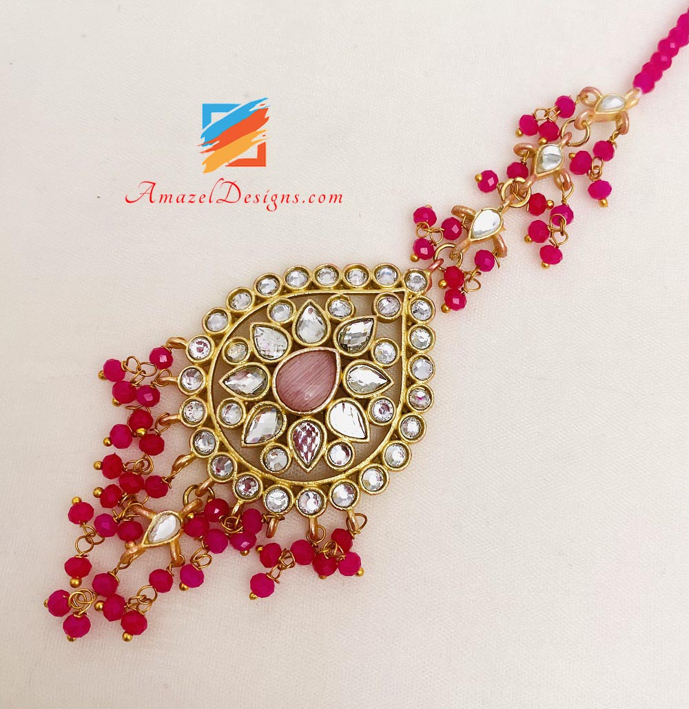 Hot Pink Kundan Jhumka Earrings Tikka Set