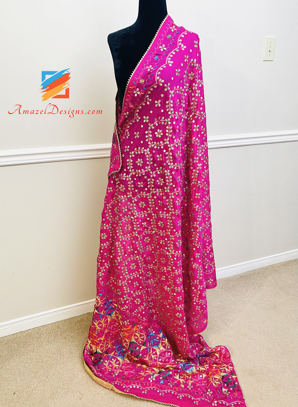 Hot Pink Magenta All Over Heavy Work Devo Patti Work Fulkari