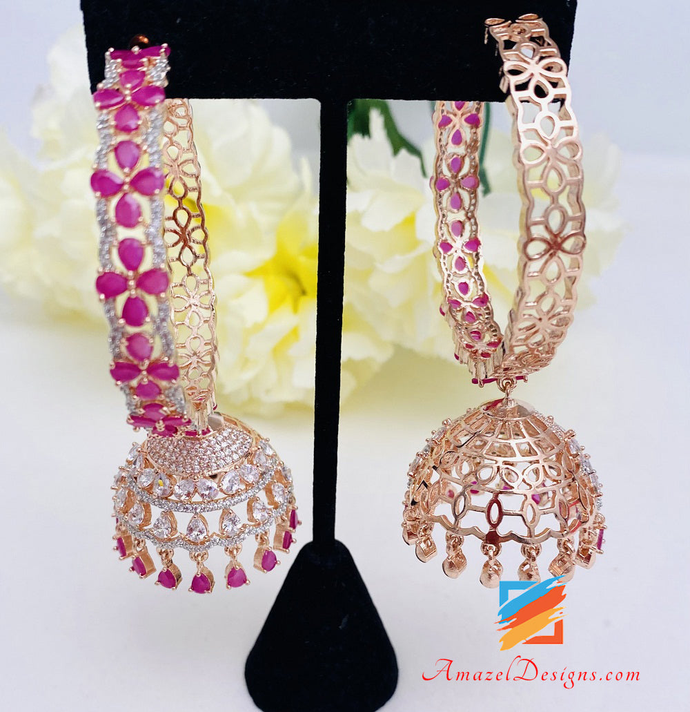 Hot Pink Magenta American Diamond AD Jhumki Waliyaan
