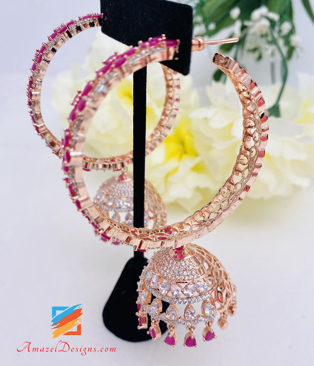 Hot Pink Magenta American Diamond AD Jhumki Waliyaan