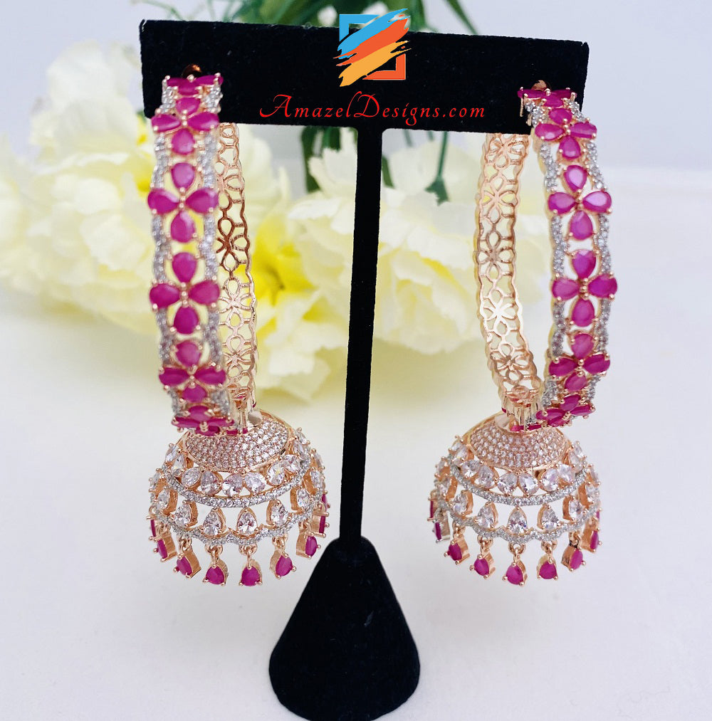 Hot Pink Magenta American Diamond AD Jhumki Waliyaan