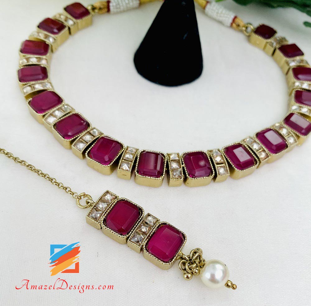 Hot Pink Magenta Monalisa Choker Necklace Jhumki Tikka Set