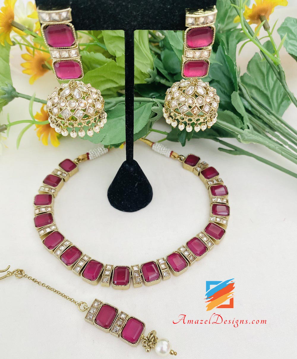 Hot Pink Magenta Monalisa Choker Necklace Jhumki Tikka Set