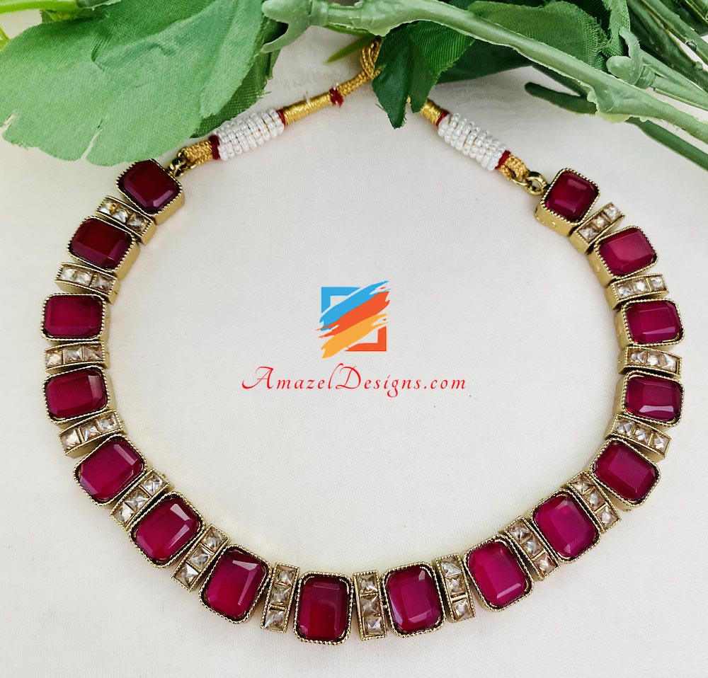 Hot Pink Magenta Monalisa Choker Necklace Jhumki Tikka Set