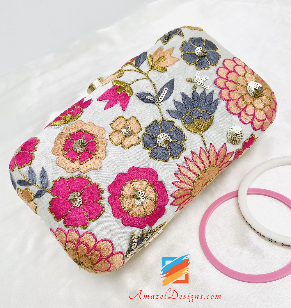Hot Pink Magenta Grey Multicoloured Clutch