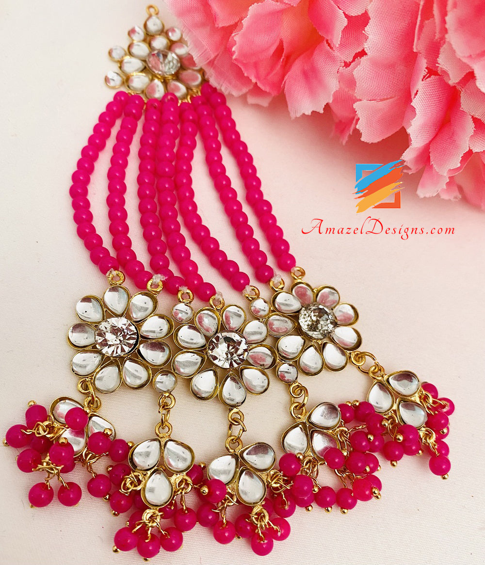 Hot Pink Magenta Kundan Crystal Lightweight Flexible Choker Earrings Tikka Passa Set