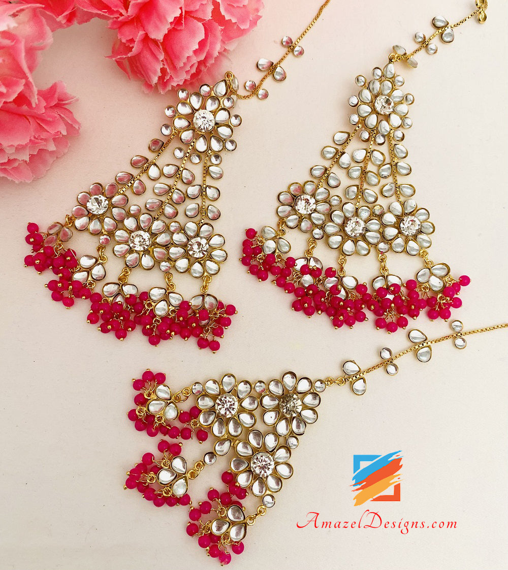 Hot Pink Magenta Kundan Crystal Lightweight Flexible Choker Earrings Tikka Passa Set