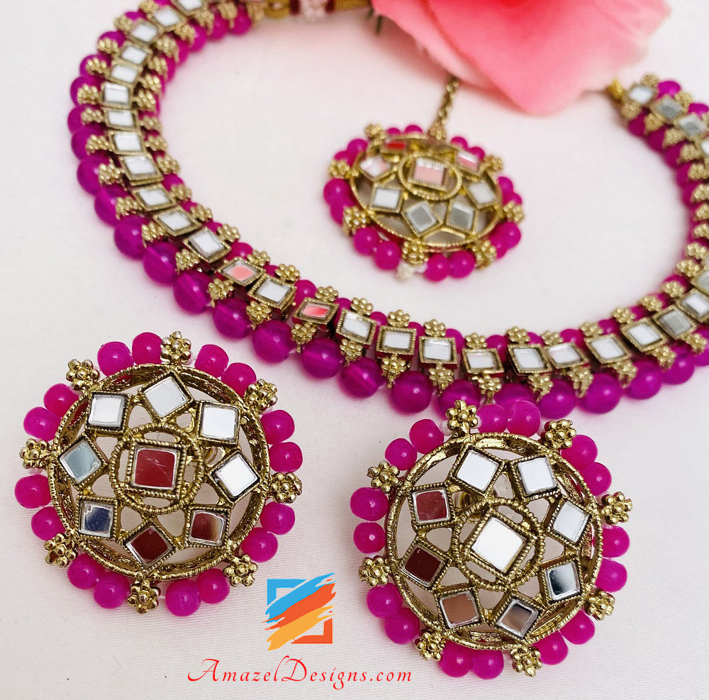 Hot Pink Magenta Mirror Single Line Choker Halskette Ohrstecker Tikka Set