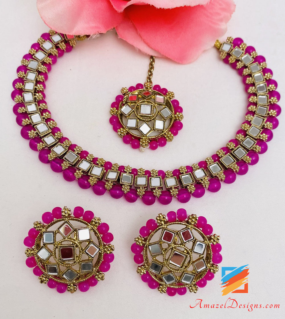 Hot Pink Magenta Mirror Single Line Choker Halskette Ohrstecker Tikka Set