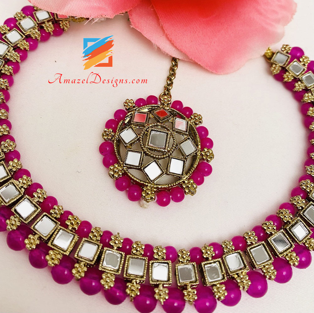 Hot Pink Magenta Mirror Single Line Choker Halskette Ohrstecker Tikka Set