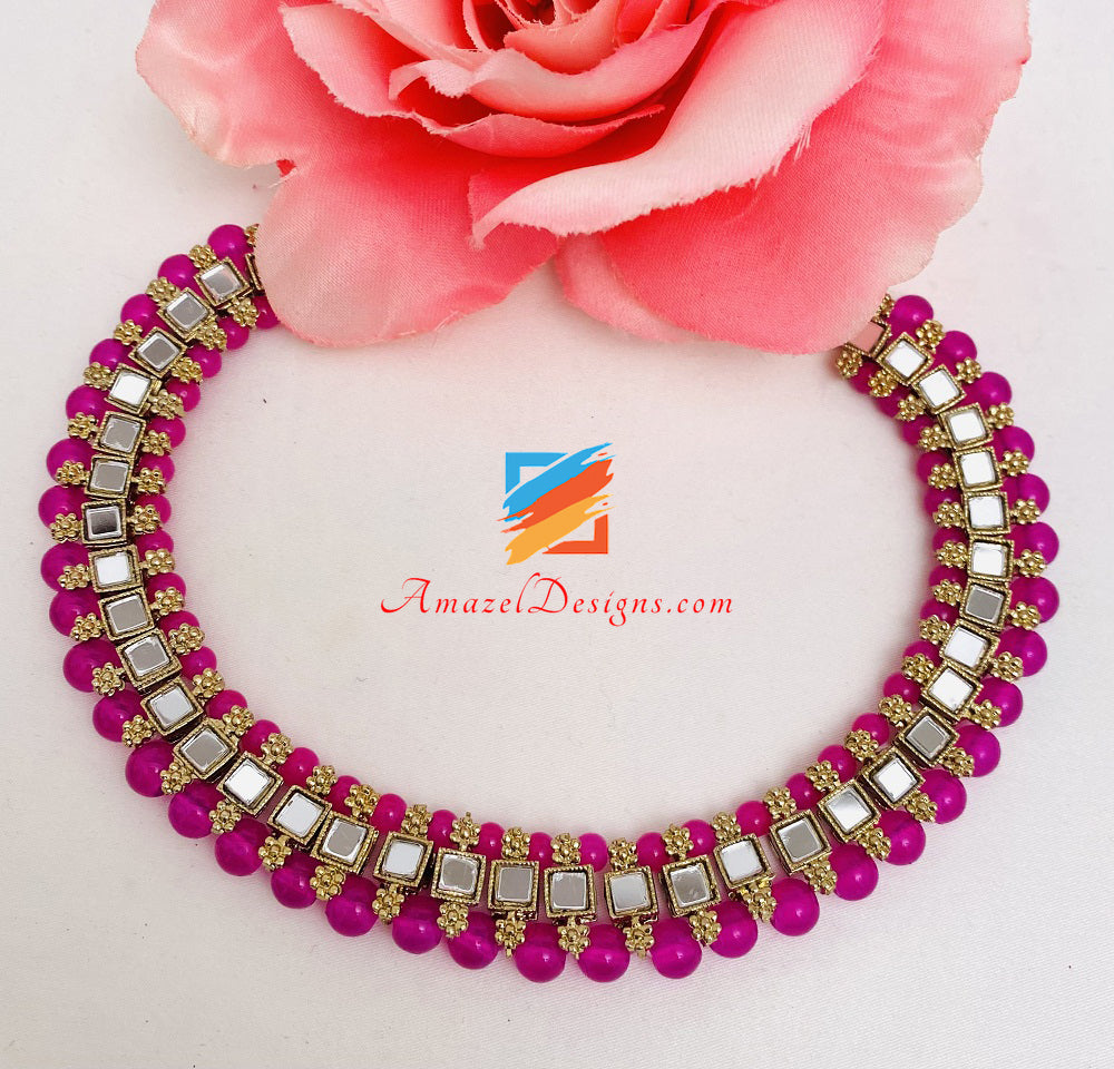 Hot Pink Magenta Mirror Single Line Choker Halskette Ohrstecker Tikka Set