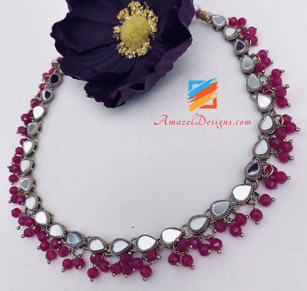 Hot Pink Magenta Mirror Single Line Choker Necklace