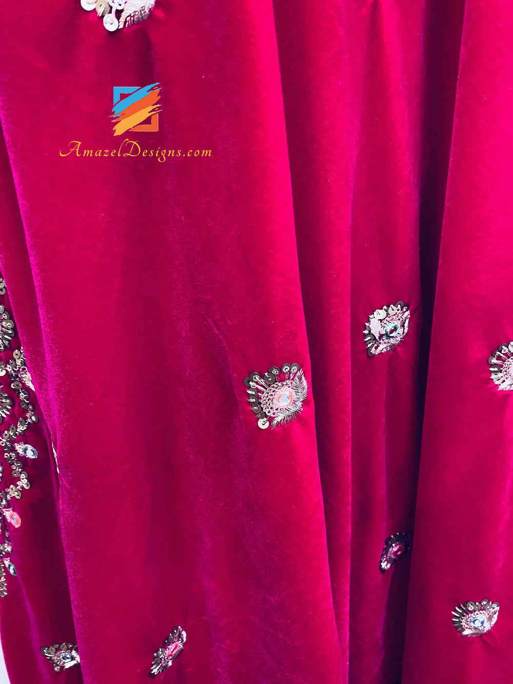 Hot Pink Magenta Mirror Tilla Multicoloured Thread Velvet Shawl