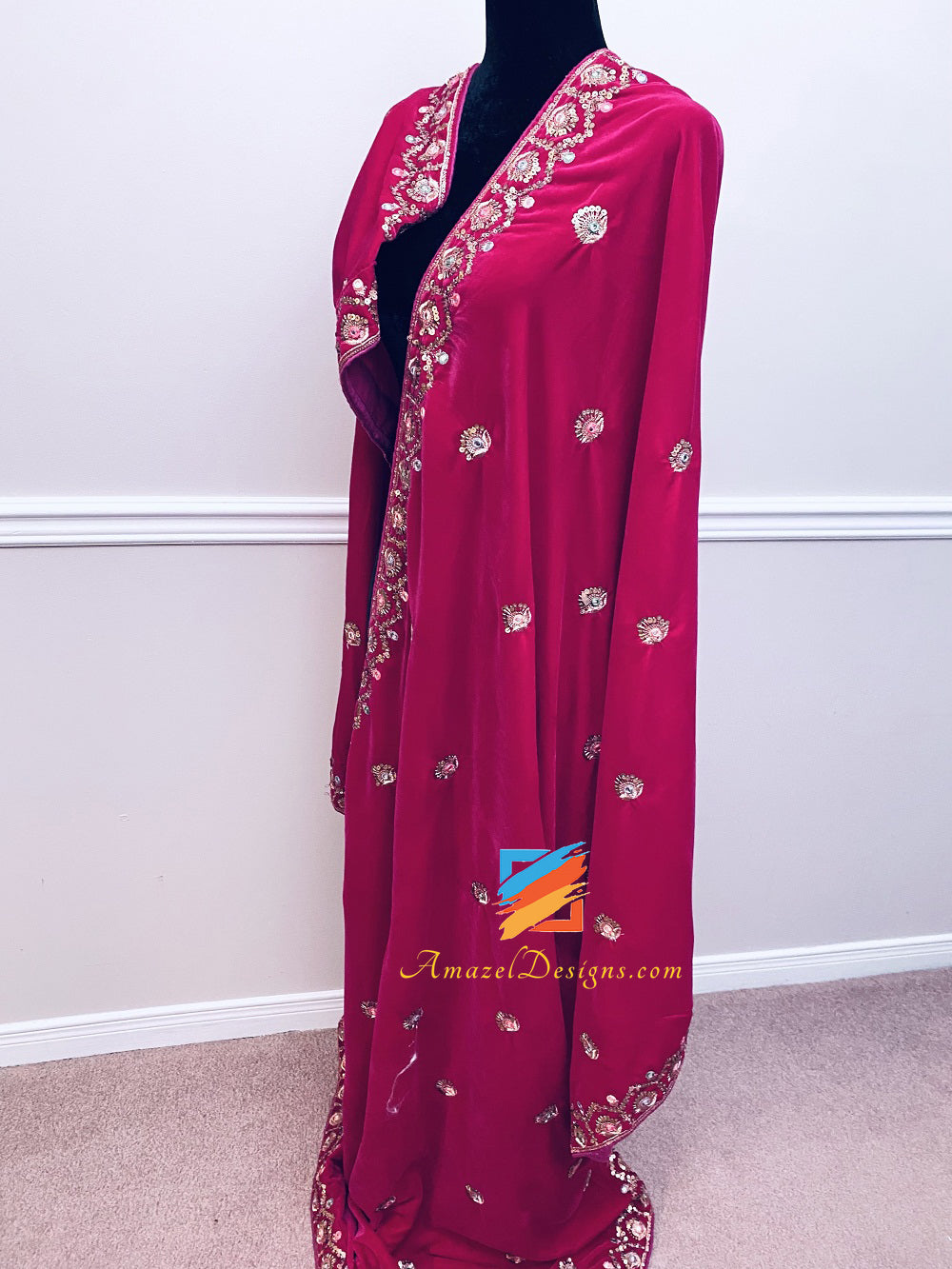 Hot Pink Magenta Mirror Tilla Multicoloured Thread Velvet Shawl
